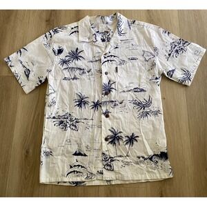 Palmwave Mens Hawaiian Shirt Cream Navy Scenic Palm Trees Sailboats Aloha S
